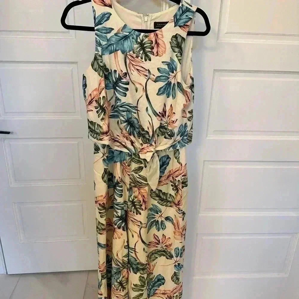 TAHARI Women’s Linen Blend Tropical Wide Leg Tie Zip pant jumpsuit Size 6 Beach